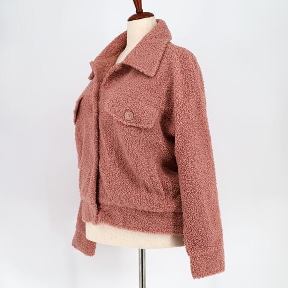 NOIZE Women Pink Rose Teddy Fleece Miley Casual Oversize Trucker Jacket Size M - Picture 3 of 5